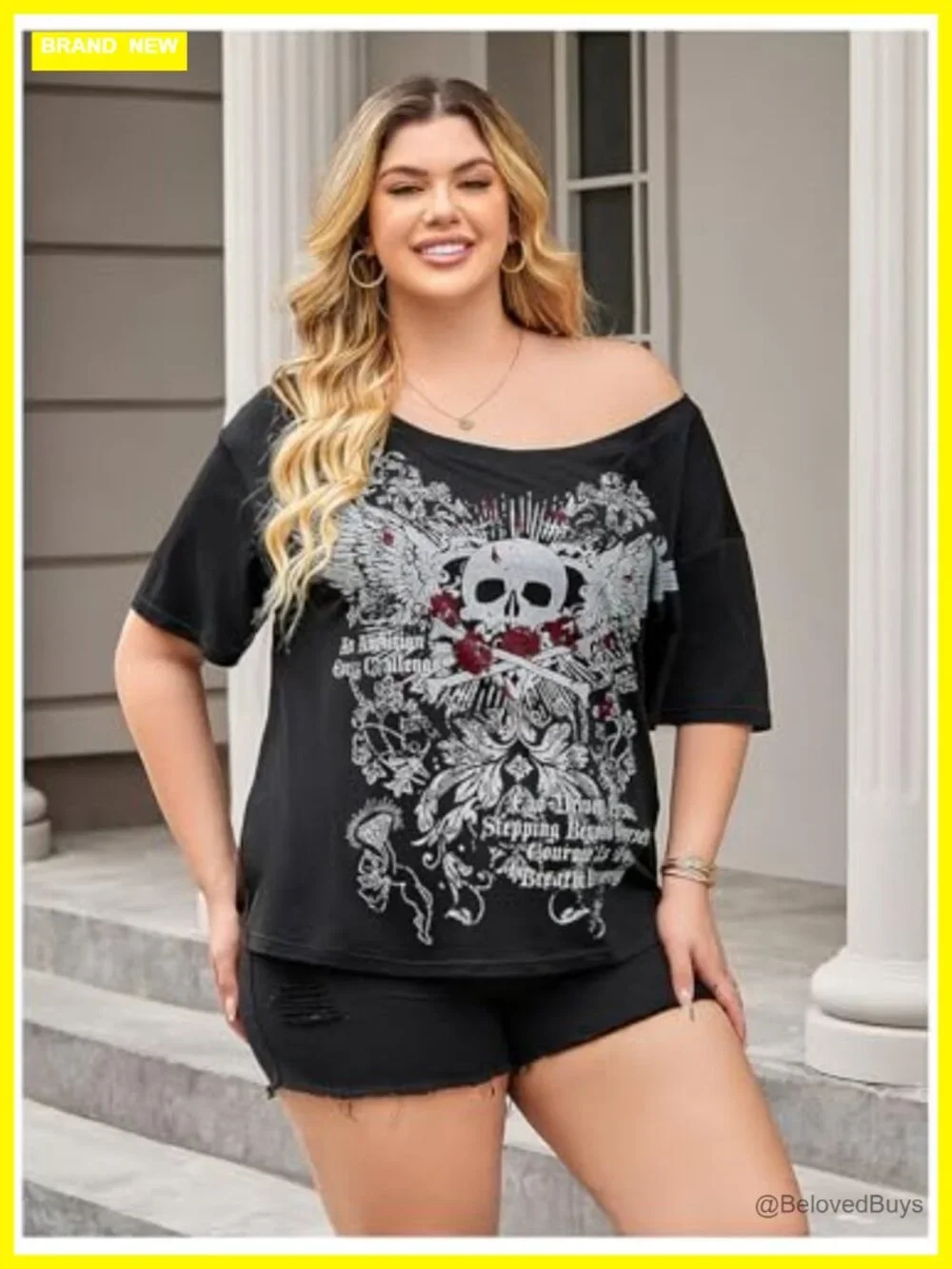 Plus Size Off Shoulder Graphic Tee Gothic Retro Punk Top